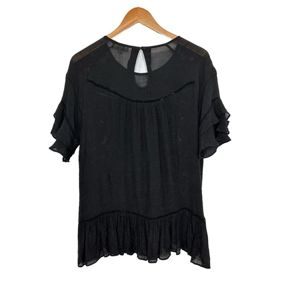 Umgee Womens Floral Embroidered Short Sleeve Blouse Size Small Black Ruffle - Picture 2 of 7